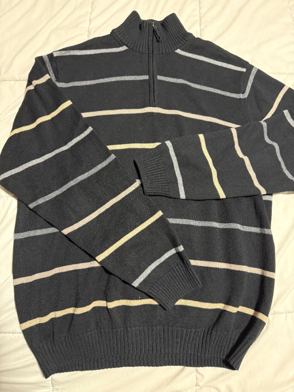 Mens Sweater Quarter Zip Medium Arrow Black Striped 100% Cotton